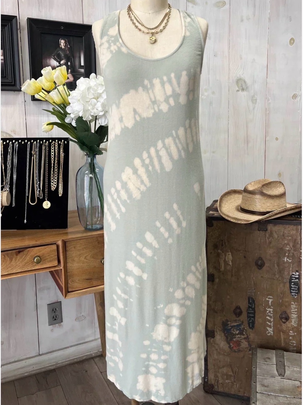 Lulu's Sage Green and Cream Tie-Dye Maxi Dress